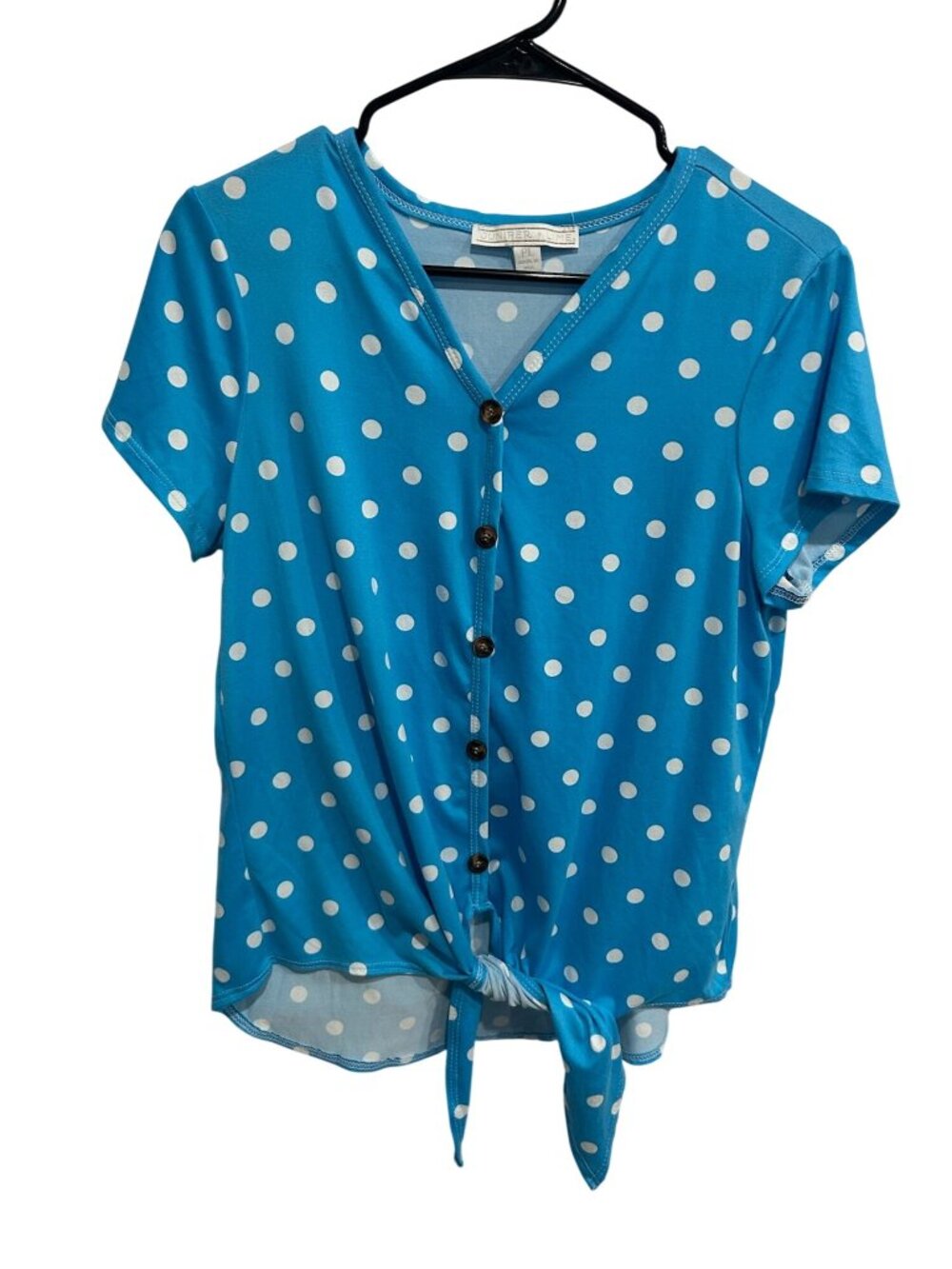 Juniper + Lime Petite Large Blue Polka Dot Tie Hem Button Front Top Boho Retro